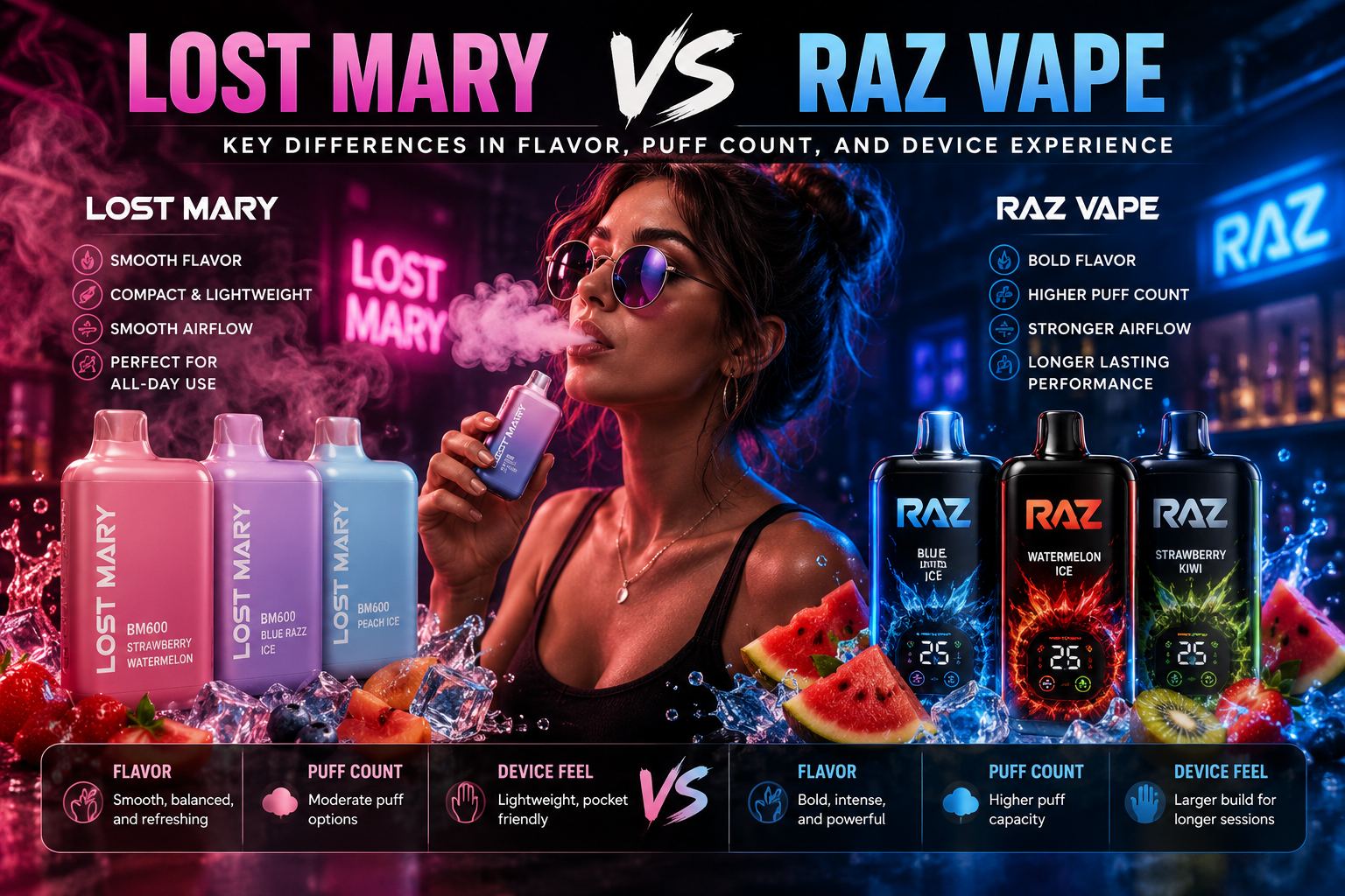 Lost Mary vs RAZ Vape  Key Differences in Flavor, Puff Count, and Device  Experience - Vape1010