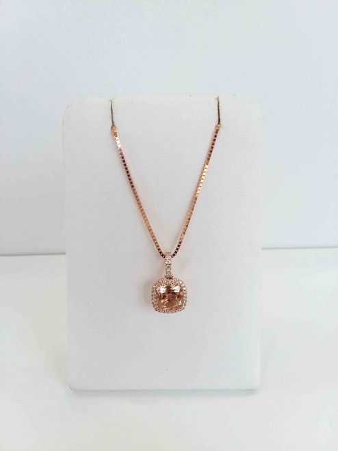 14K Rose Gold Morganite and Diamond Halo Necklace