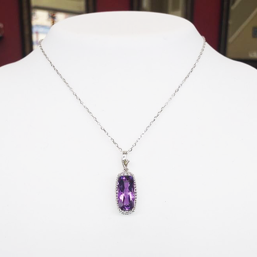 14K White Gold Amethyst & Diamond Pendant