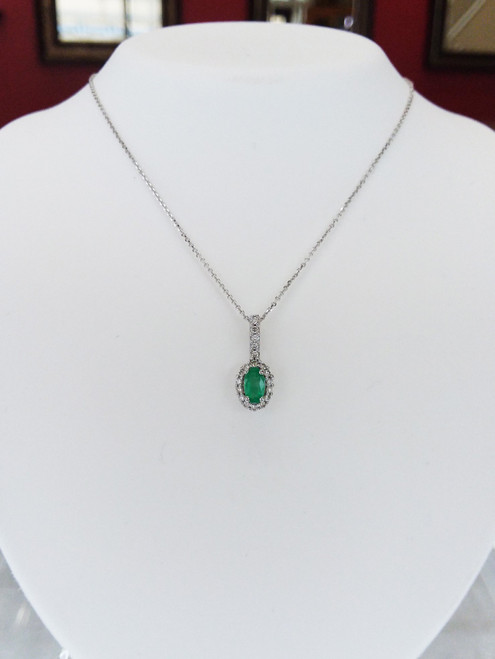 14K White Gold Emerald & Diamond Halo Necklace