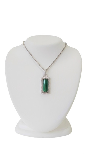 14K White Gold Green Tourmaline & Diamond Pendant 