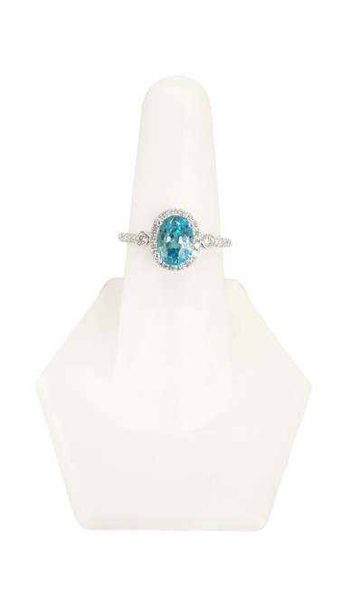 14K White Gold Blue Zircon & Diamond Halo Ring 