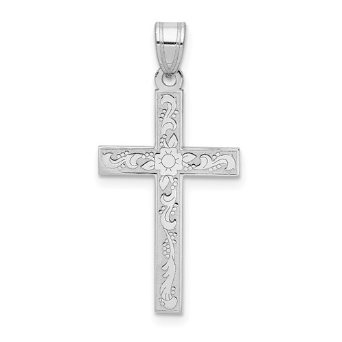14K White Gold Floral Etched Cross Pendant