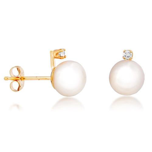 14K Yellow Gold 8mm Pearl Studs w/ Diamond Accent 