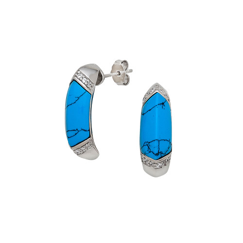 Sterling Silver J-Hoops w/ Synthetic Turquoise & CZs