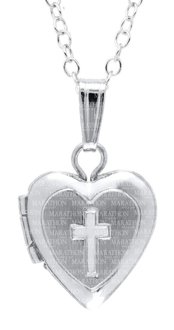 Children's Sterling Silver Heart Locket w/ Engraved Cross