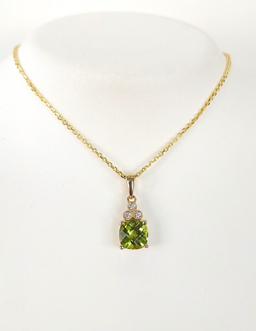 14K Yellow Gold Cushion Peridot & Diamond Necklace