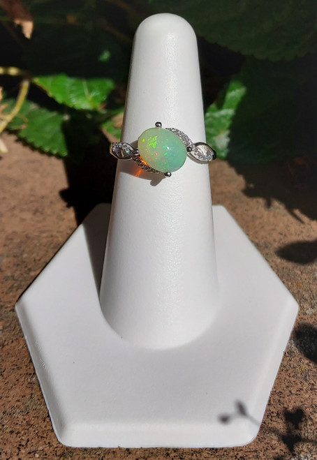 14K White Gold Oval Opal & Diamond Ring
