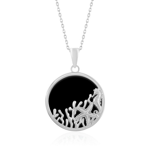 Black Onyx & Sterling Silver Sea Creatures Pendant w/ Cable Chain
