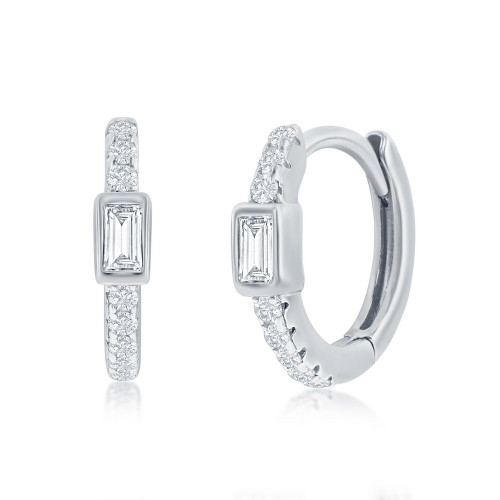 Sterling Silver Emerald-Cut CZ Huggie Hoops