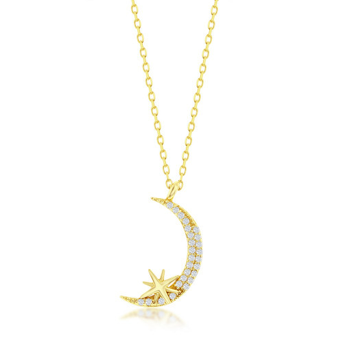 Gold-Plated CZ Crescent Moon Necklace