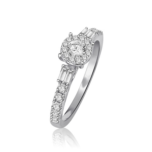 14K White Gold Round & Baguette Diamond Engagement Ring