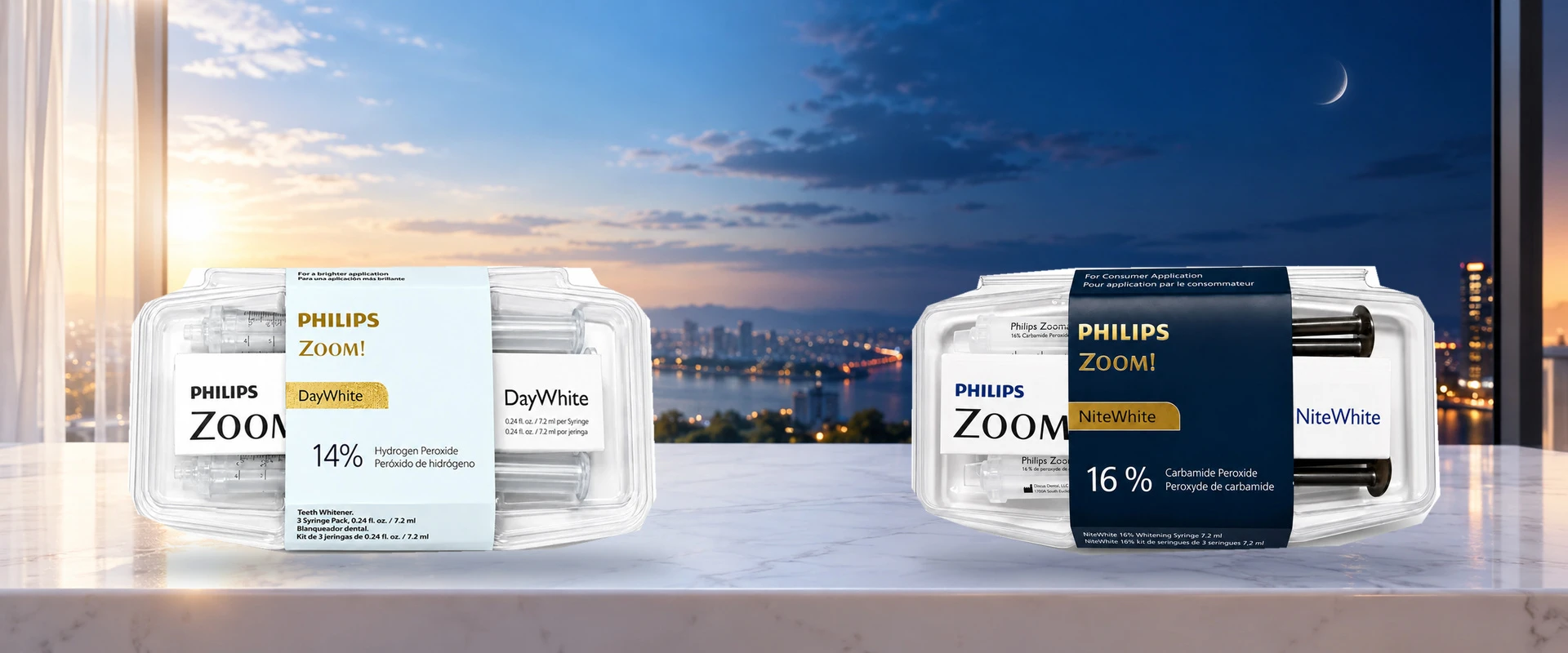 Philips Zoom DayWhite and NiteWhite on a day-to-night background