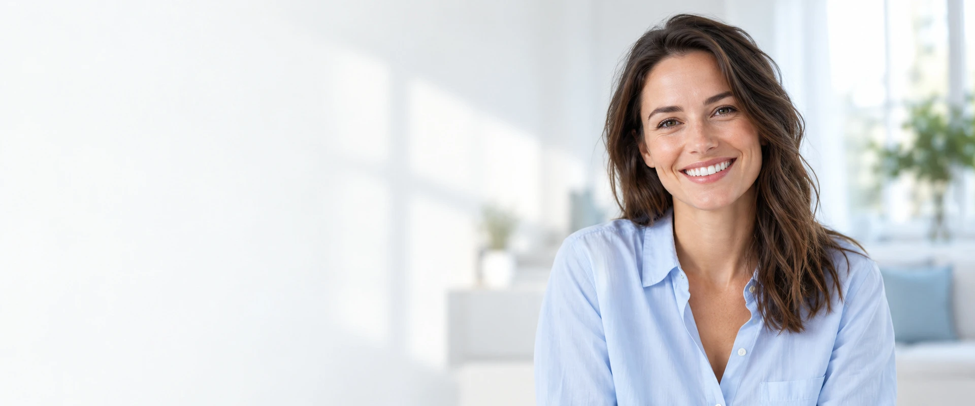Smiling woman beside the whitening selection guide