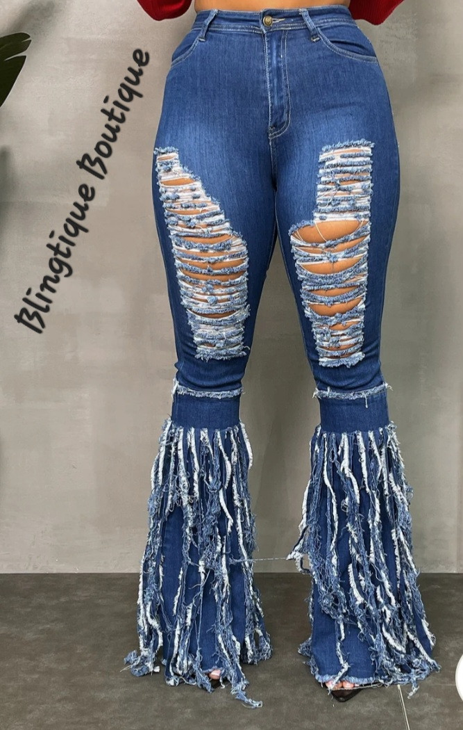Distressed fringe flare jeans