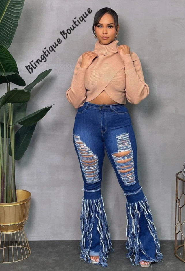 Distressed fringe flare jeans