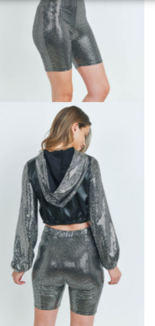 Faux leather Silver black hoodie long sleeves short set
