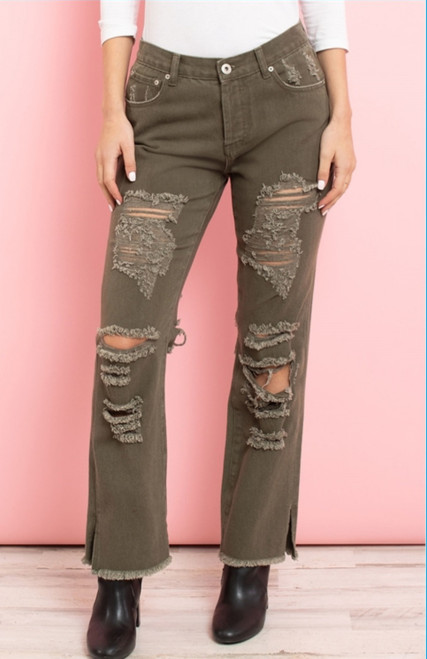 Sage green front and back distress Jeans