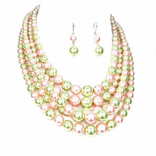 Aka pink /green pearl necklace set