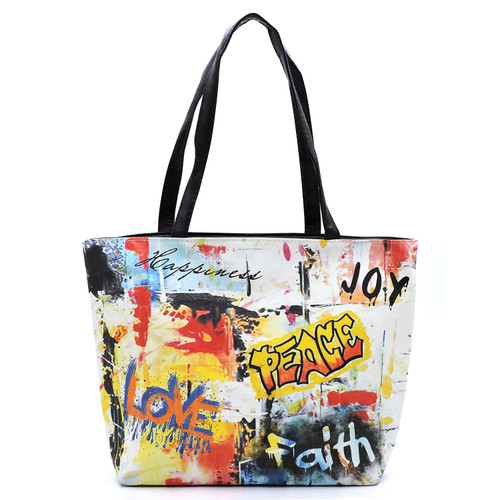 White Multi Graffiti Print Tote Bag 16X11.5