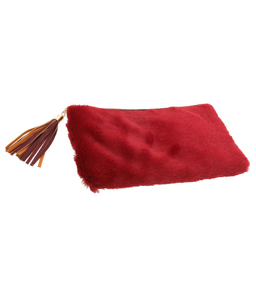 Fur Burgundy Leather Clutch with  Tassel