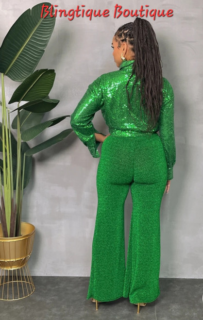 Green shiny wide legs Pants