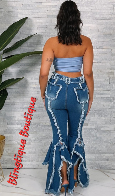 Distressed fringe flare jeans
