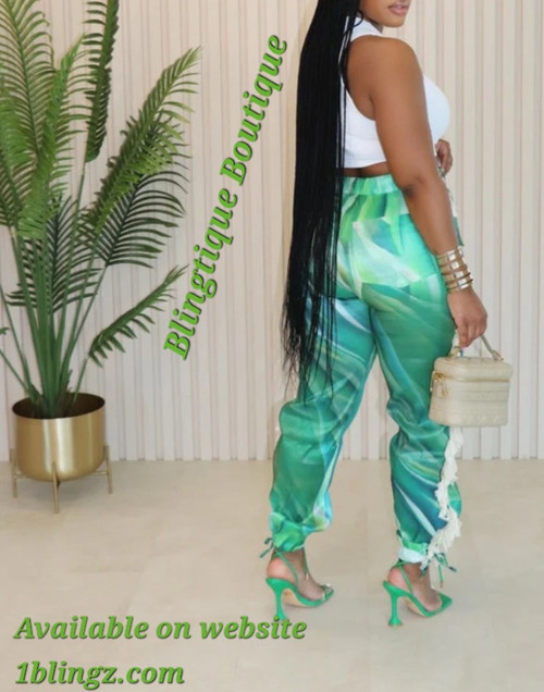 Green Printed Fringe Side high waist Pants