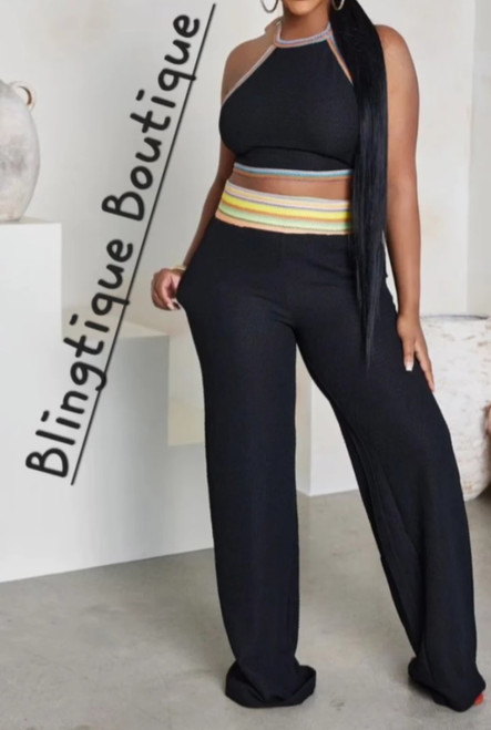 Black Multi trim 2pc halter set