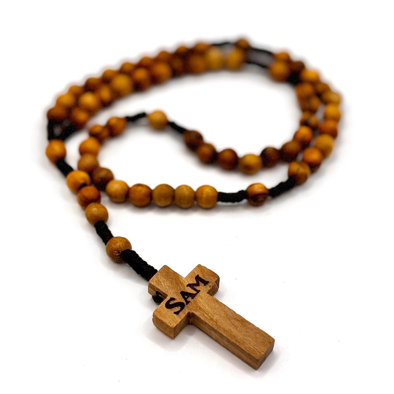 Jerusalem Cross Olive Wood Corded Rosary Beads - Main Image