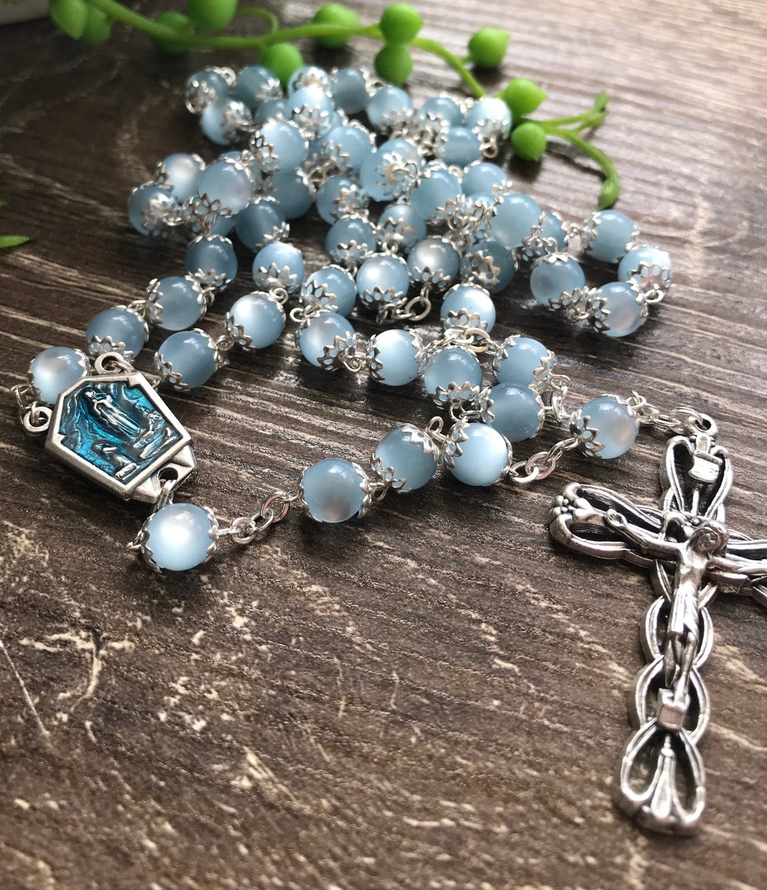 Sacred Heart of Jesus Blue Glass Cross Rosary Beads.