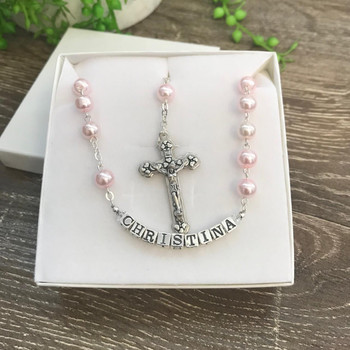 Glass Pearl Pink Rosary Beads for Girls ✝ Communion, Baptism or Confirmation Gift   Glass Pearl Pink Rosary Beads for Girls ✝ Communion, Baptism or Confirmation Gift