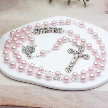 Glass Pearl Pink Rosary Beads for Girls ✝ Communion, Baptism or Confirmation Gift   Glass Pearl Pink Rosary Beads for Girls ✝ Communion, Baptism or Confirmation Gift
