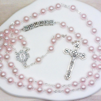 Glass Pearl Pink Rosary Beads for Girls ✝ Communion, Baptism or Confirmation Gift   Glass Pearl Pink Rosary Beads for Girls ✝ Communion, Baptism or Confirmation Gift
