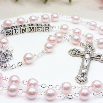 Glass Pearl Pink Rosary Beads for Girls ✝ Communion, Baptism or Confirmation Gift   Glass Pearl Pink Rosary Beads for Girls ✝ Communion, Baptism or Confirmation Gift