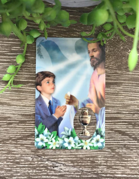  First Holy Communion Laminated Holy Card with Medal 