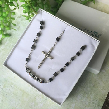  Boys Square Hematite Personalised Rosary Beads 