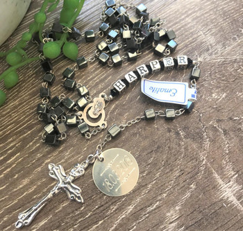  Boys Square Hematite Personalised Rosary Beads 