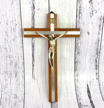 25cm Wood and Metal Inlaid Wall Crucifix   25cm Wood and Metal Inlaid Wall Crucifix