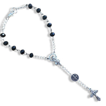 Crystal Faith Collection Saint Benedict Black Crystal Car Rosary Beads with Saint Benedict 'Our Father' 
