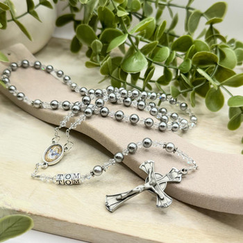  'Salvation' Silver Swarovski Pearl Rosary 