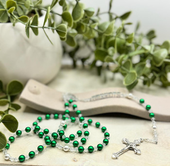  Swarovski 'Eden Green' Pearl Catholic Personalised Rosary Beads 