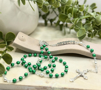  Swarovski 'Eden Green' Pearl Catholic Personalised Rosary Beads 