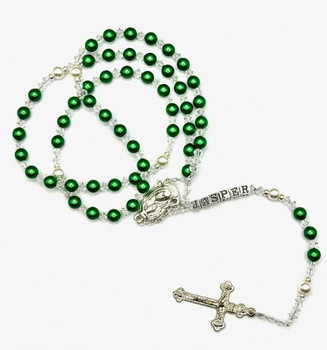  Swarovski 'Eden Green' Pearl Catholic Personalised Rosary Beads 