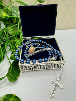 Swarovski 'Iridescent Dark Blue' Pearl Catholic Personalised Rosary Beads   Swarovski 'Iridescent Dark Blue' Pearl Catholic Personalised Rosary Beads