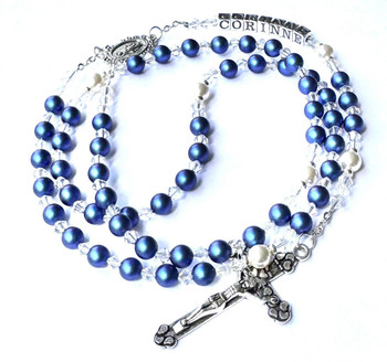 Swarovski 'Iridescent Dark Blue' Pearl Catholic Personalised Rosary Beads   Swarovski 'Iridescent Dark Blue' Pearl Catholic Personalised Rosary Beads