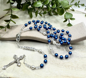 Swarovski 'Iridescent Dark Blue' Pearl Catholic Personalised Rosary Beads   Swarovski 'Iridescent Dark Blue' Pearl Catholic Personalised Rosary Beads