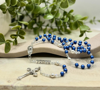 Swarovski 'Iridescent Dark Blue' Pearl Catholic Personalised Rosary Beads   Swarovski 'Iridescent Dark Blue' Pearl Catholic Personalised Rosary Beads