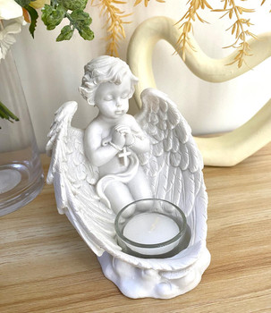  Kneeling Cherub with Rosary Tealight Candle- Memorial Gift 