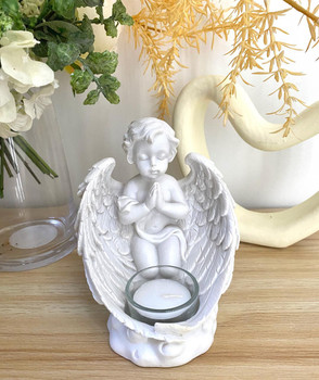  Praying Cherub with Rosary Tealight Candle- Memorial Gift 